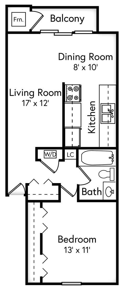 Floor plan for 1 bed, 1 bath, 702 sqft